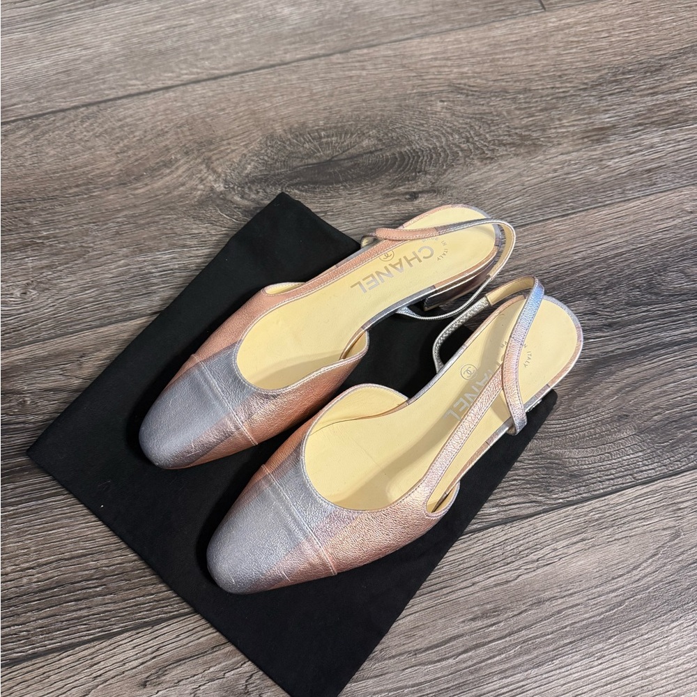 Chanel CC Pink Purple Metallic Slingback Flats - 36.5C - Picture 2 of 10
